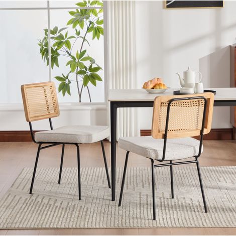 Lot de 2 chaises de salle à manger modernes en chenille avec cadre en bois massif effet rotin, pieds réglables en métal, couleur ivoire (1/5)