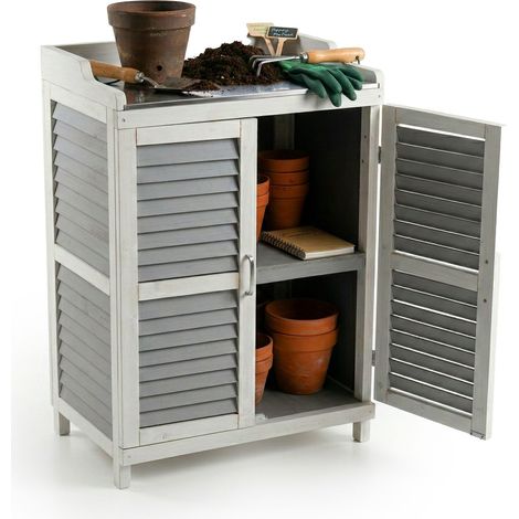 Relaxdays Pflanztisch mit Unterschrank, Holz, Eisen Arbeitsplatte, HxBxT: 100 x 67 x 47 cm, Gartenschrank, grau/weiß