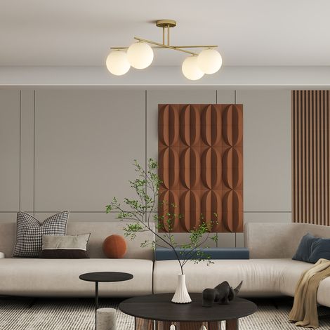 Plafonnier moderne 4 feux doré crème, semi-encastré, douilles E14, éclairage élégant pour salon chambre, style contemporain lumineux. (1/5)