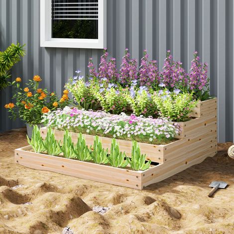 4-stufiges, bodenloses Hochbeet für Kräuter, Gemüse, Obst und Blumen, 113 x 113 x 46 cm, Naturholz