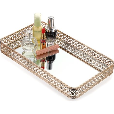 Plateau de parfum doré avec miroir - Plateau de maquillage creux sculpté - Plateau de rangement en verre et métal - Plateau de rangement décoratif pour commode, salle de bain, comptoir - Grande (1/5)