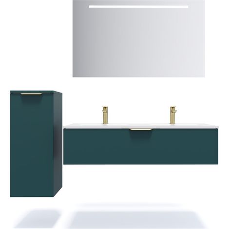 Meuble de salle de bain suspendu double vasque intégrée 120cm 1 tiroir Bleu + miroir + colonne ouverture gauche - Venice (1/5)
