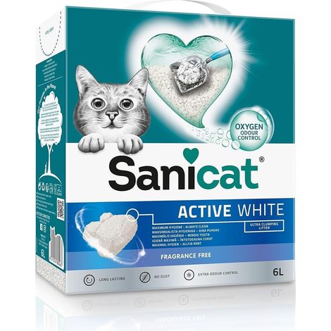 Litière agglomérante Active White sans parfum, Composée de minéraux naturels avec contrôle des odeurs garanti, Retient l’humidité et facilite le nettoyage, Format : 6 L (1/5)