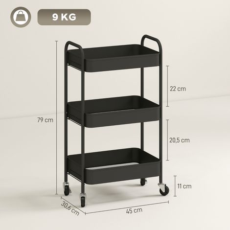 Chariot polyvalent chariot de cuisine,3 étagères,4 roues,45 cm x 30,6 cm x 79 cm,noir (1/5)