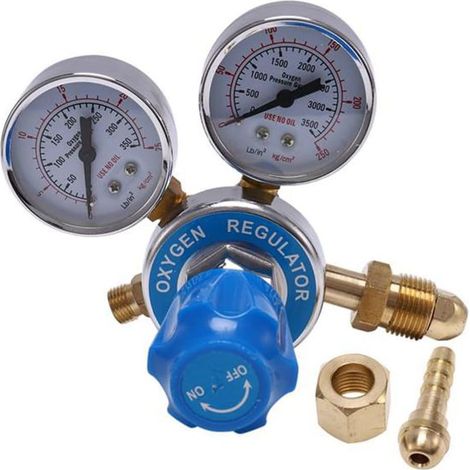 1 - Gasregler - Druckminderer - Doppelmanometer für Sauerstoffflaschen - Gehäuse aus geschmiedetem Messing - Für medizinische und industrielle Anwendungen - Blau (1/5)