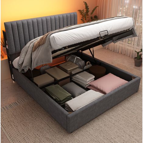 Cama doble tapizada con almacenaje LED y USB gris OKMYHOME (1/5)