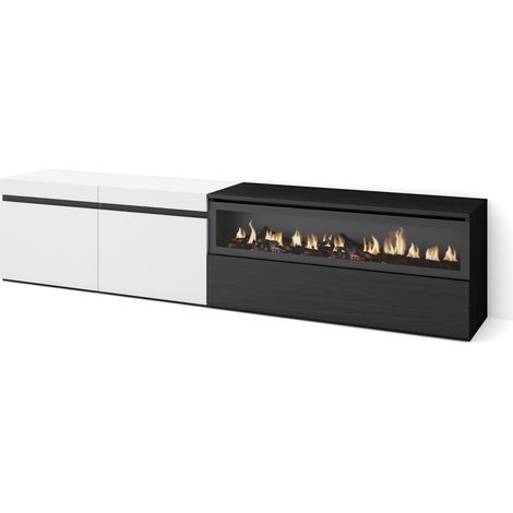 Skraut Home - Mueble TV, Televisión, Muebles de salón, almacenaje, 200x45x35cm, Para TV hasta 80", Chimenea eléctrica, Estilo Moderno, Blanco y negro (1/5)
