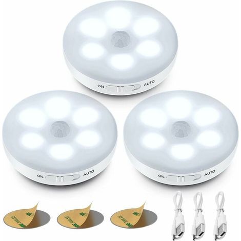 Veilleuse LED Automatique, Lampe Detecteur de Mouvement Interieur, Lumiere Autocollante USB Pile Rechargeable, LED Sans Fil (Blanc) (1/4)