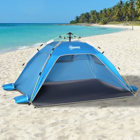 Tente plage escamotable porte articulée polyester fibre verre ciel - Dimensions: 220x173x120 cm - Couleur: Gris, Bleu