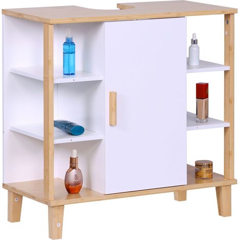 Relaxdays Mobile sottolavabo con anta, 6 ripiani HLP: 65x64x31 cm, bambù e MDF, mobile bagno, bianco/naturale