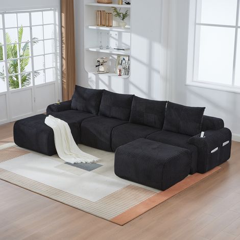 Canapé modulaire en velours côtelé 4 places avec 2 poufs, combinable librement, avec porte-gobelets et poche latérale de rangement, idéal pour salon et salle familiale, noir