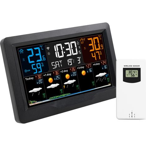 Estación meteorológica inalámbrica, sensor exterior, termómetro/higrómetro, pantalla de 7,5 pulgadas, pronóstico de 5 días, para uso interior/exterior. (1/5)