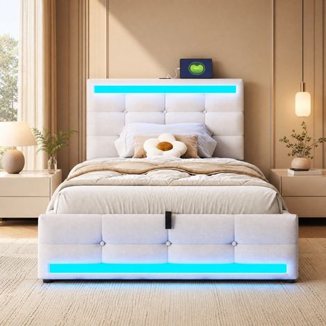 Polsterbett 90 x 200 cm mit hydraulischem Stauraum, RGB-LED und USB, Beige HAVRYA (1/5)