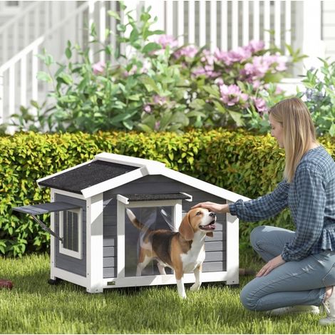 Maison pour chien 98x76x69,5 cm en bois gris, toit bitumé, fenêtre ouvrante, extérieur FLORAGRACE (1/5)