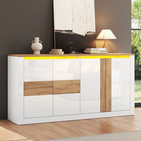 Aparador 140 x 35 x 70 cm de MDF con 4 puertas y luz LED RGB, blanco y efecto roble DESVIAE (1/5)