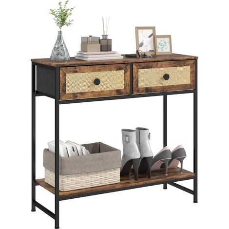Console en rotin avec étagère ouverte et 2 tiroirs frontaux, 80 x 30 x 75 cm, marron rustique (1/5)