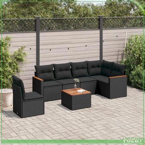 Salon de jardin 7 pièces - 3258422 - résine tressée noir - plateau acacia - coussins déhoussables (1/3)