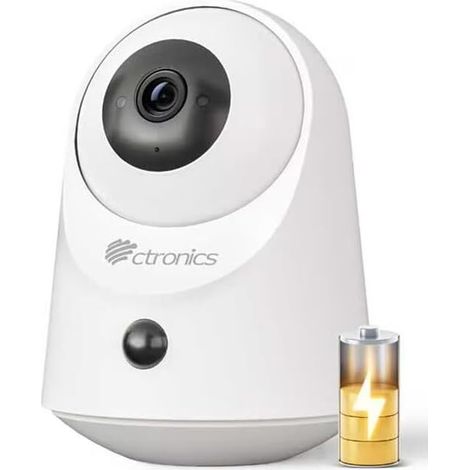 Ctronics Caméra de Surveillance Intérieure Sans Fil 2K – Batterie, WiFi 2,4/5 GHz, PTZ 360°, Détection PIR, Vision Nocturne 20 m, SD/Cloud 128 Go