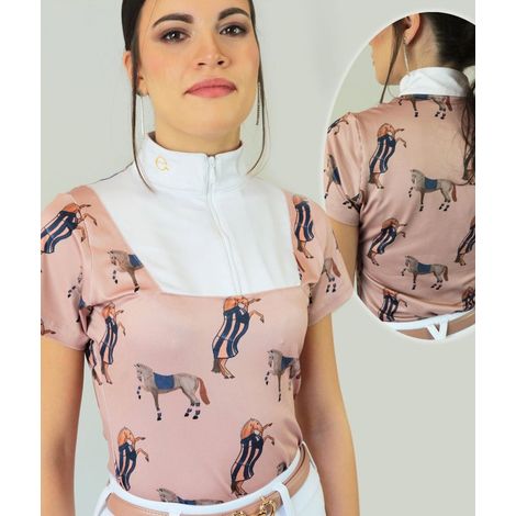 L, ROSA E BIANCO: T-shirt donna da gara modello Cecilia a manca corta con collo alto e stampa equestre