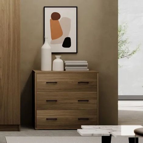 Cómoda de madera de nogal natural 91x45x81 con 3 cajones