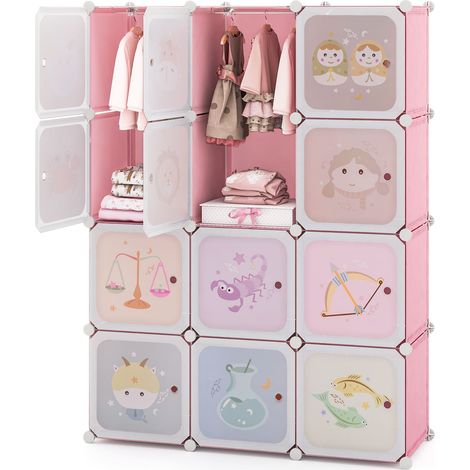 COSTWAY Portable Kids Wardrobe Bedroom 12-Cube Baby Closet-Pink (1/5)