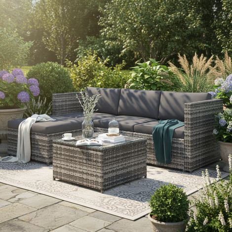 DESMIU Salon de jardin canapé d'angle avec pouf et table basse en verre, en polyrotin gris (1/5)