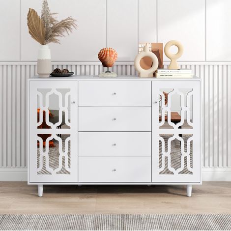 Enfilade MDF blanche effet miroir 147,5x40x102 cm, 2 portes, 4 tiroirs, poignées aspect cristal, pieds en bois massif (1/5)