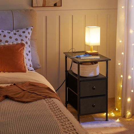 Narrow Bedside Table with Charging Station, with 2 Non-Woven Drawers, Slim Side Table with USB Ports and Power Outlets, Narrow Side Table for Small Spaces, Black EBB486KBZ01,HOOBRO (1/5)