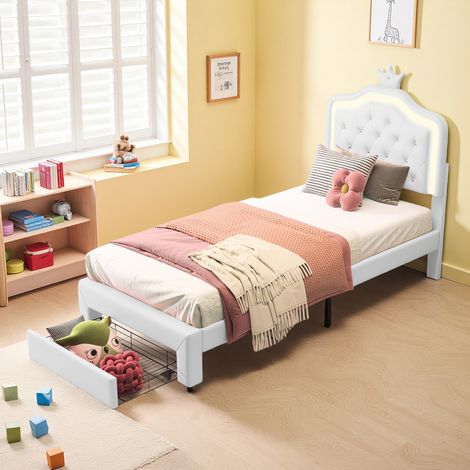 Struttura letto 90x200 cm - LED e cassetti - PU Bianco - Letto bambino 90x200 cm - Mobili moderni (1/5)