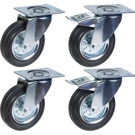 Roulette pivotante - 160mm - Set de 4 - Capacité 600kg - Frein inclus