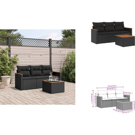 4-tlg. Garten-Sofagarnitur mit Kissen Schwarz Poly Rattan - Gartenmöbel - Esstisch - Lounge Set - Outdoor Möbel - Rattan Gartenset (1/3)
