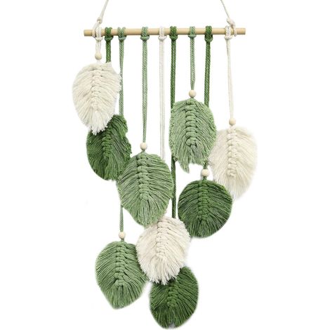 Tenture Murale Macramé, Décoration Murale Salon Bohème, Tapisserie Feuille Coton Fait Main, Vert Feuille Tenture Murales à Pompons pour Chambre d'Enfant Salon Décoration d'Intérieur (1/5)