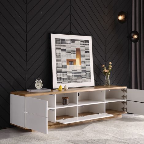 Mueble TV blanco con rejilla y almacenaje 180 cm OKMYHOME (1/5)