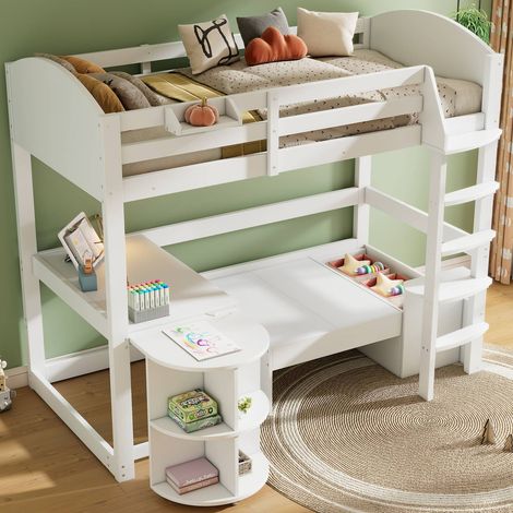 Lit mezzanine enfant 90x200 cm avec bureau escamotable et canapé rangement, sommier inclus, sans matelas, lit bois blanc multifonction (1/5)