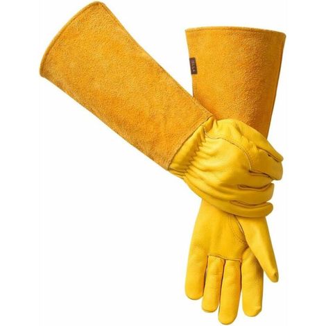 Gants de jardinage en cuir respirant pour hommes et femmes avec gant anti-épines, cuir de vache à manches longues pour jardinier et agriculteur, jaune L (1/4)