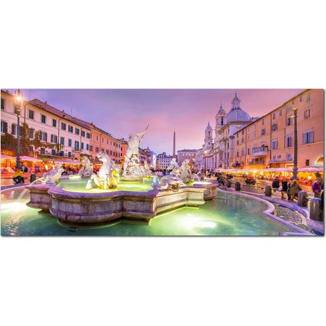 Lupia - Quadro moderno su Tela Canvas DEEP 65X143 cm, con paesaggi e localismi italiani, per casa, soggiorno, capezzale camera da letto, hotel, ufficio, ROMA - PIAZZA NAVONA FONTANA NETTUNO (1/4)
