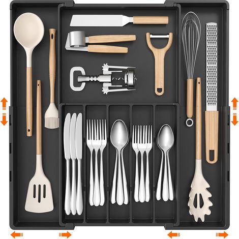 Range Couverts pour Tiroir, Porte-Ustensiles en Plastique, Organisateur Cuisine pour Cuillères et Fourchettes, Avec Largeur Réglable de 30,5–52 cm, 5 à 8 Compartiments Extensibles, Noir (1/5)