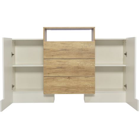 Modernes Sideboard 140 cm, Weiß Hochglanz und Holzoptik mit mehrfarbiger LED, MDF (1/5)