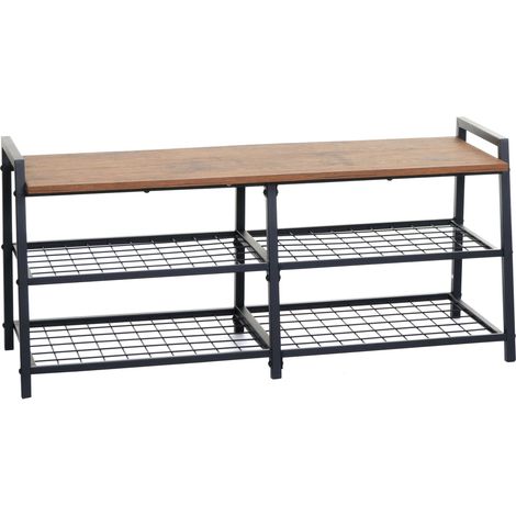 Schuhregal HHG-132, Schuhschrank Schuhablage Sitzbank, 4 Fächer Metall 3D-Struktur 40x107x38cm, Wildeiche-Optik