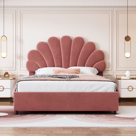 Lit double coffre rembourré 140 x 200 cm avec tête de lit pétale, rangement hydraulique, sommier à lattes, structure en velours, métal, contreplaqué et MDF - rose (1/5)
