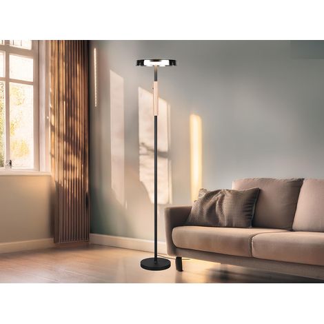 Dimmbare LED Stehleuchte CELESTE mit Holzelement & Glasschirm, Höhe 160cm