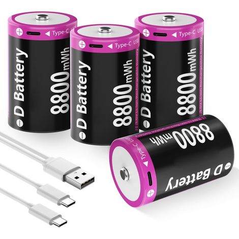 Piles Rechargeables Type D, 8800mWh Lithium D Cellules avec de Charge USB-C, 1,5V D Taille Cellules de Rechargeables la Batterie Remplace la Pile LR20, Lot de 4 (1/5)