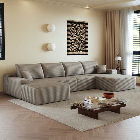 Divano modulare ad angolo in velluto a coste color cammello, con chaise longue (1/5)