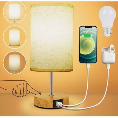 Lampe de chevet tactile ACKERMAN, lot de 1 avec ports de charge USB-A + USB-C, intensité variable 3 voies, abat-jour en tissu de lin, petite lampe de table pour chambre, salon ou hôtel (ampoule inclus (1/5)