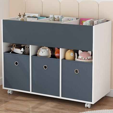 Scaffale Portagiochi per Bambini 3 Ceste in Tessuto e Libreria 80x30x 63 cm in MDF Bianco e Grigio (1/4)