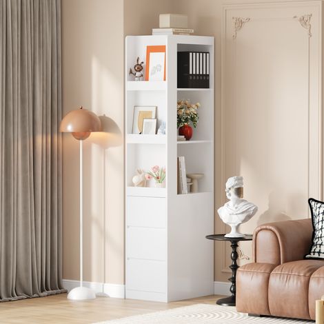Scaffale libreria in truciolare bianco 60 x 40 x 200 cm con 3 ripiani aperti e 3 cassetti (1/5)
