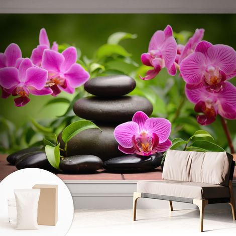 Fototapete Tapete Vliestapete mit Kleber - trendige Wanddeko - Schlafzimmer - Wohnzimmer Orchideen und Steine 312x219 cm
