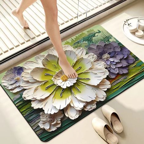 Tapis de bain en terre de diatomée – Tapis absorbant et antidérapant pour salle de bains et entrée des toilettes, résistant à l’humidité, à la saleté et à l’usure – Motif artistique violet et bleu (60