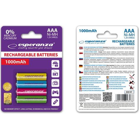 AAA Esperanza 1000mAh Akkus, 4 Stück, verschiedene Farben