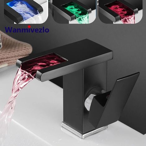 WASCHTISCHARMATUR LED mit Wasserkraft & Wasserfallauslauf, Schwarz